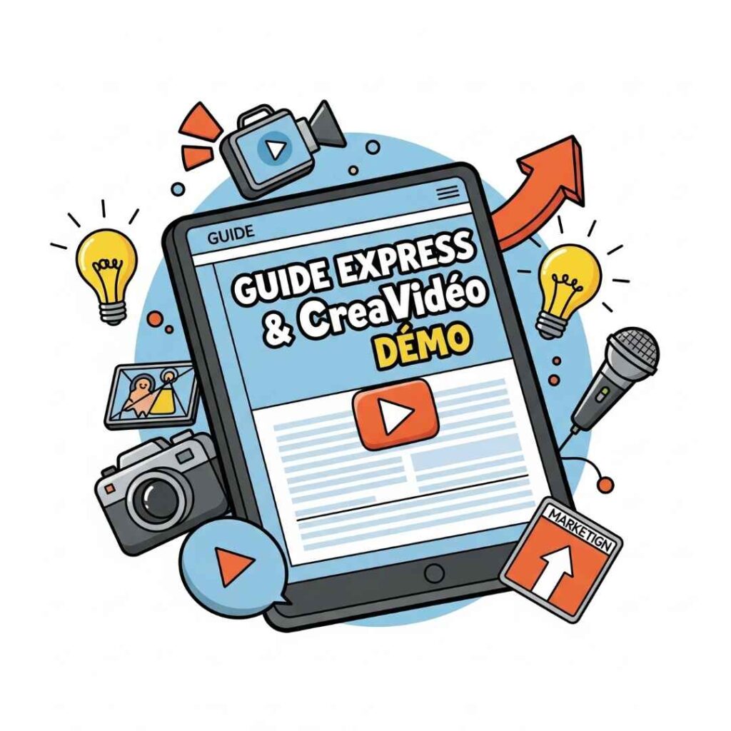 Image d'une tablette affichant un guide et un bouton "Play", entourée d'icônes de vidéo et de marketing, symbolisant un guide complet et une démo vidéo pour lancer des pubs efficaces.