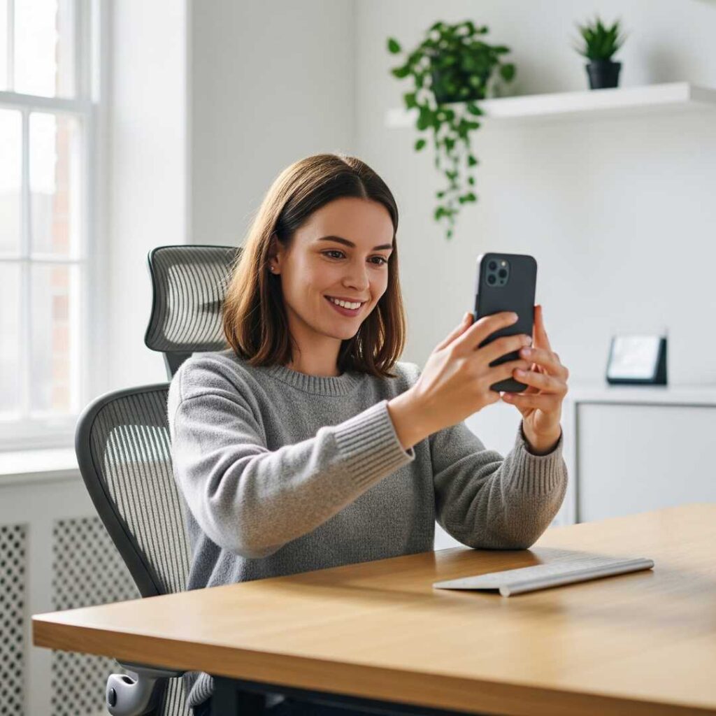 Photo d'un entrepreneur souriant qui se filme avec son smartphone dans un environnement de bureau lumineux, illustrant une approche simple et authentique de la création de contenu.