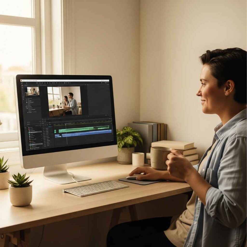Une personne souriante et détendue boit une tasse de café devant un écran d'ordinateur avec une interface de montage vidéo épurée. L'environnement est lumineux et organisé, symbolisant la méthode simple et sans stress pour créer des vidéos efficaces.
