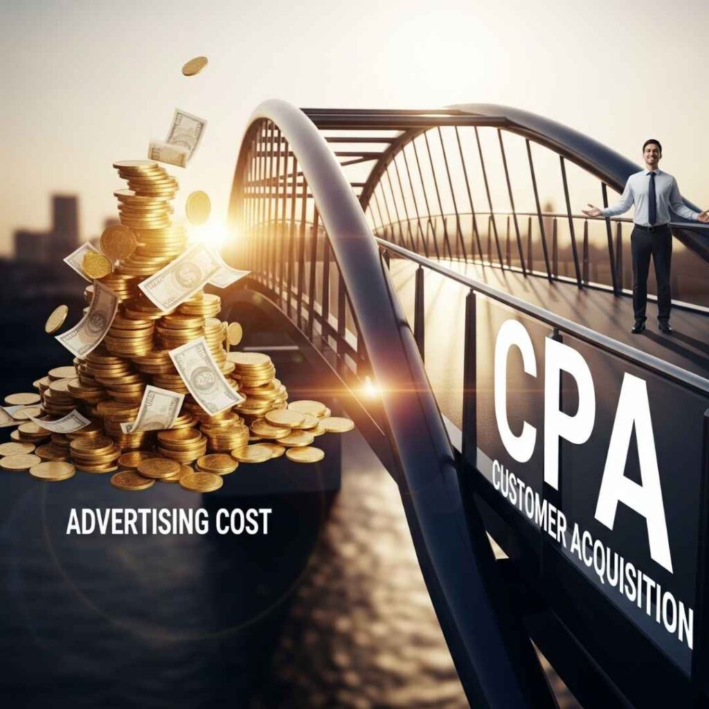 Une image de synthèse représentant un pont entre une pile d'argent (budget publicitaire) et un client, avec les lettres CPA inscrites sur le pont, symbolisant le lien direct entre les deux.