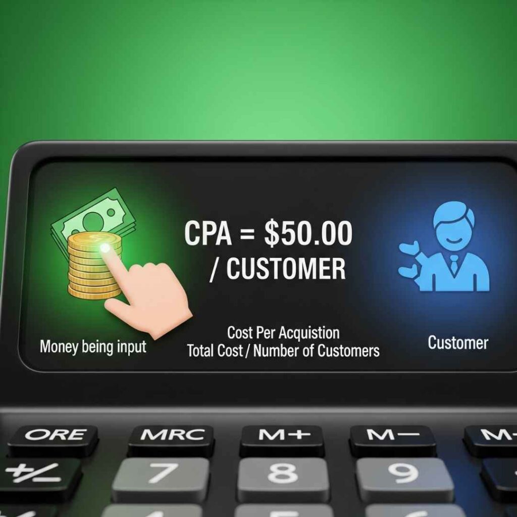 Un écran de calculatrice montrant un calcul de CPA, reliant le coût de la publicité à l'acquisition d'un client, pour illustrer le concept de Coût par acquisition.