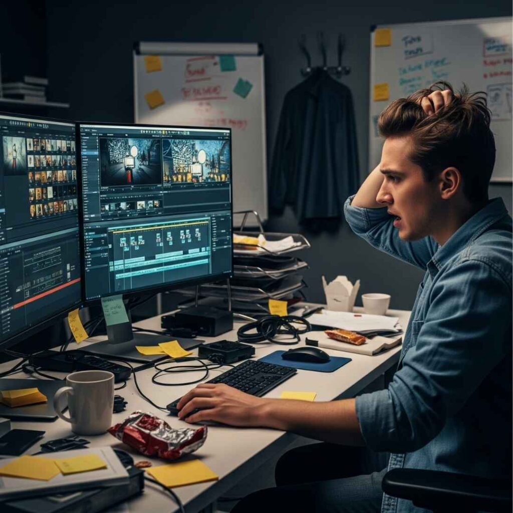Un entrepreneur frustré est assis à son bureau en désordre, se tenant la tête à deux mains devant un écran d'ordinateur rempli de pistes de montage et de boutons compliqués. L'image illustre le problème du montage vidéo trop technique et chronophage pour les petites entreprises.