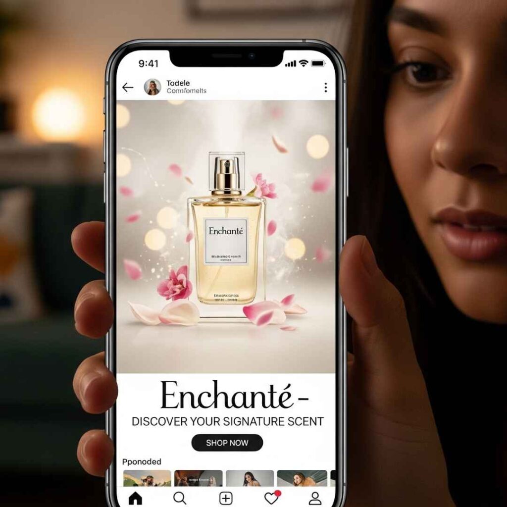 Une femme qui découvre une publicité pour un parfum sur Facebook, illustrant comment les Meta Ads créent un "besoin" chez l'utilisateur.