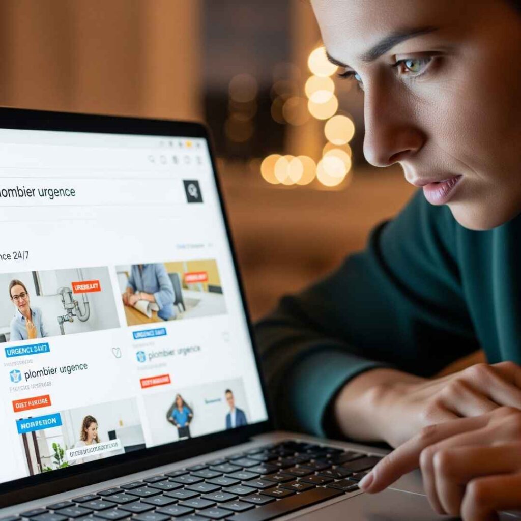 Une femme cherchant un plombier en urgence sur Google, ce qui illustre le principe du "besoin connu" pour Google Ads.